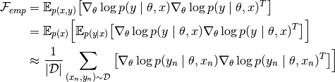 \mathcal{F}_{emp} &= \mathbb{E}_{p(x,y)}
\big[ \nabla_{\theta}\log p(y \mid \theta, x)
\nabla_{\theta}\log p(y \mid \theta, x)^T\big] \\
&= \mathbb{E}_{p(x)} \Big[  \mathbb{E}_{p(y \mid x)}
\big[ \nabla_{\theta}\log p(y \mid \theta, x)
\nabla_{\theta}\log p(y \mid \theta, x)^T\big]  \Big] \\
&\approx \frac{1}{|\mathcal{D}|} \sum_{(x_n, y_n) \sim \mathcal{D}}
\big[ \nabla_{\theta}\log p(y_n \mid \theta, x_n)
\nabla_{\theta}\log p(y_n \mid \theta, x_n)^T\big]  \Big]